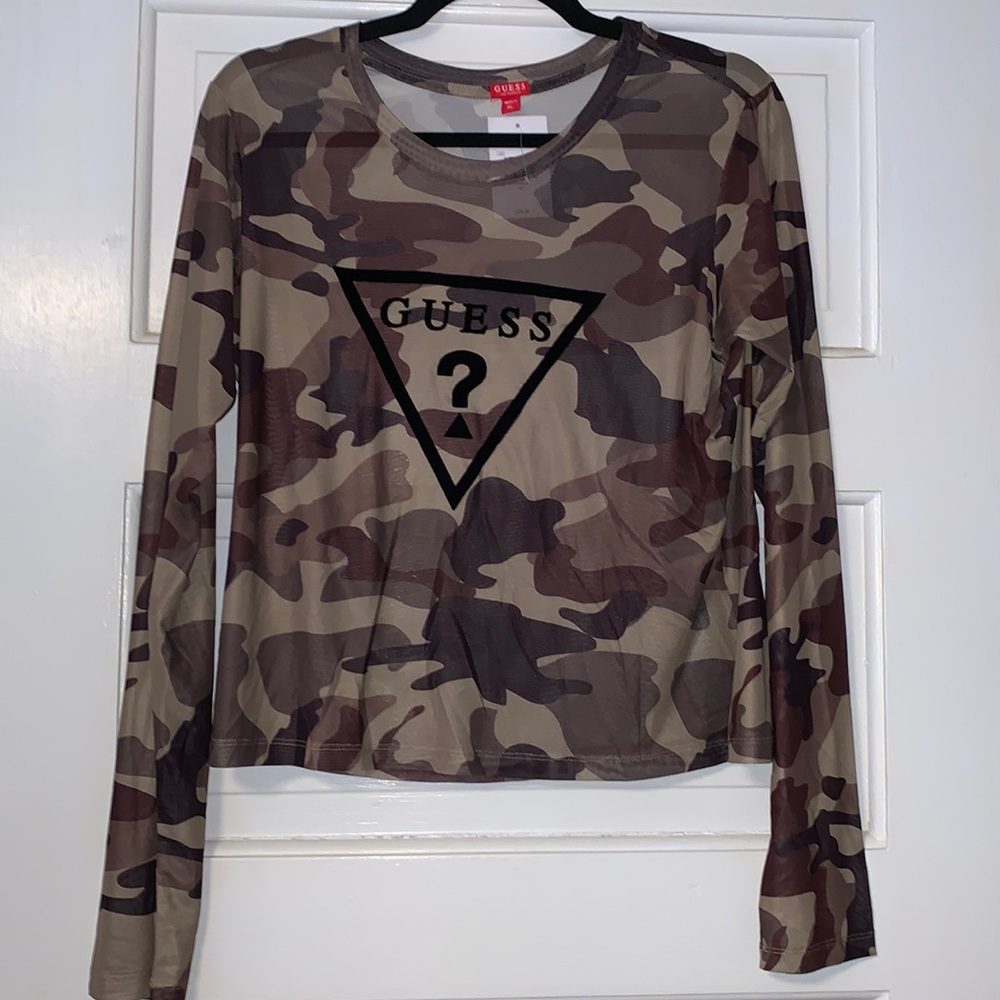 3X Guess Sheer Camo Logo Long sleeve lightweight top NWT